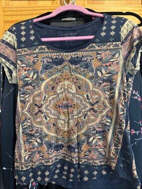 Lucky Brand Navy Multicolor Medallion Print Short Sleeve Tee